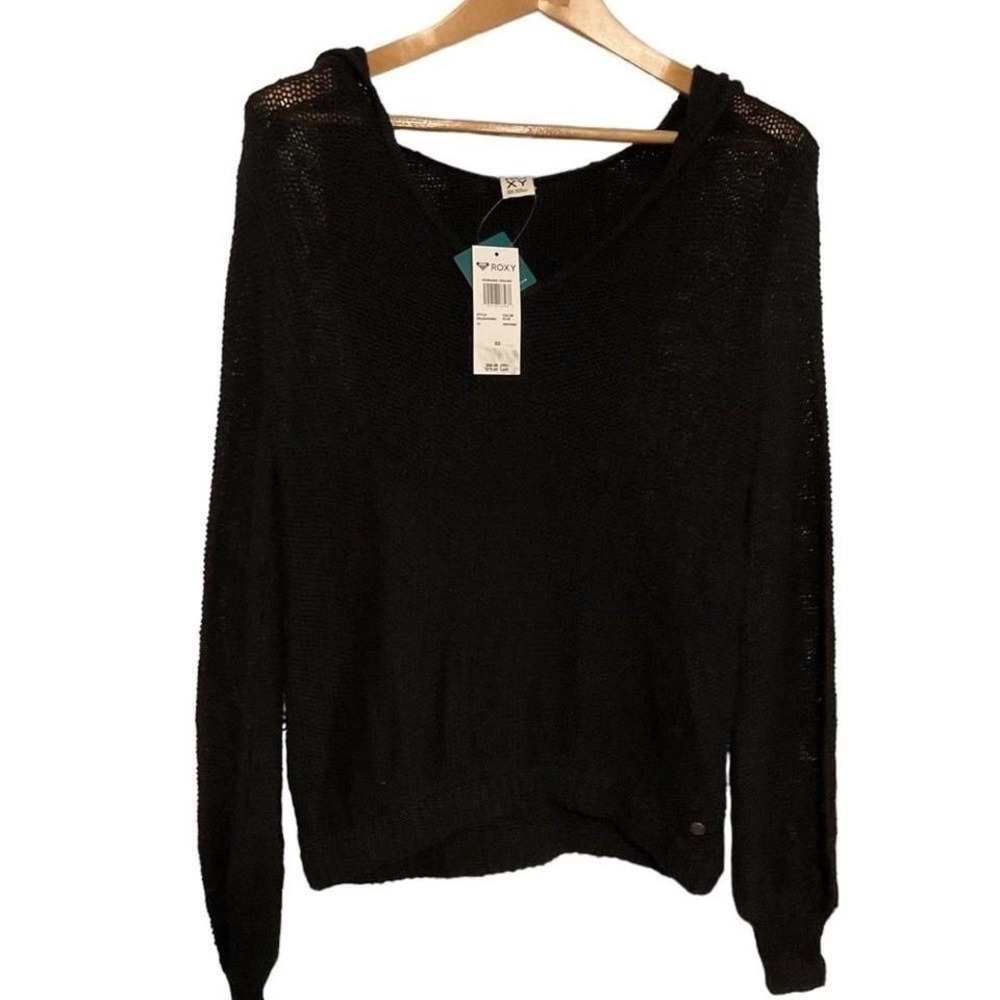 NWT Roxy black crochet hoodie sweater‎ size XS oversized